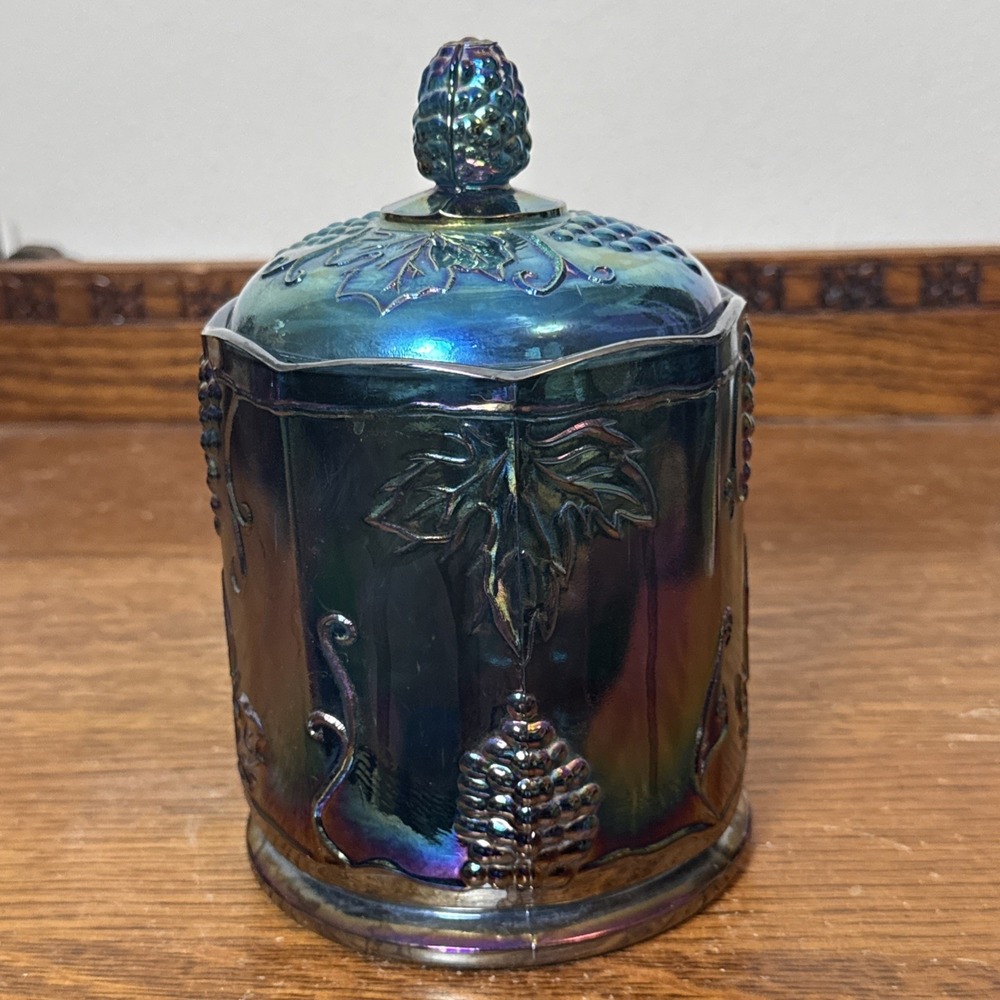 Vintage Harvest Carnival Blue Covered Candy Dish Jar Iridescent Glass 7"
